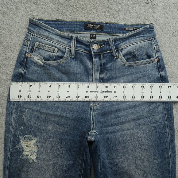 Judy Blue Jeans Junior's 1/25 Mid-Rise Relaxed Straight 25" Inseam Destroyed - Picture 8 of 16